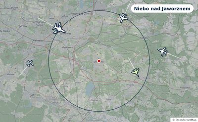 Mapa okolic miasta z sylwetkami samolotów — Niebo nad Jaworznem